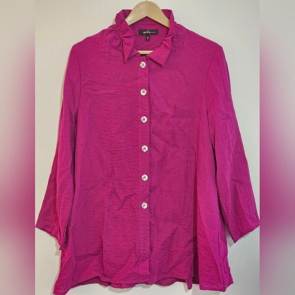 Yushi Tunic Blouse Womens M Hot Pink Lagenlook Ruffled Collar Artsy Feminine EUC